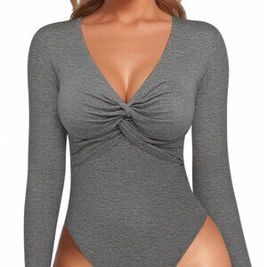 MANGOPOP Grey Small Twist-Front V-Neck Bodysuit Long Sleeve, Stretchy, Y2K Sexy